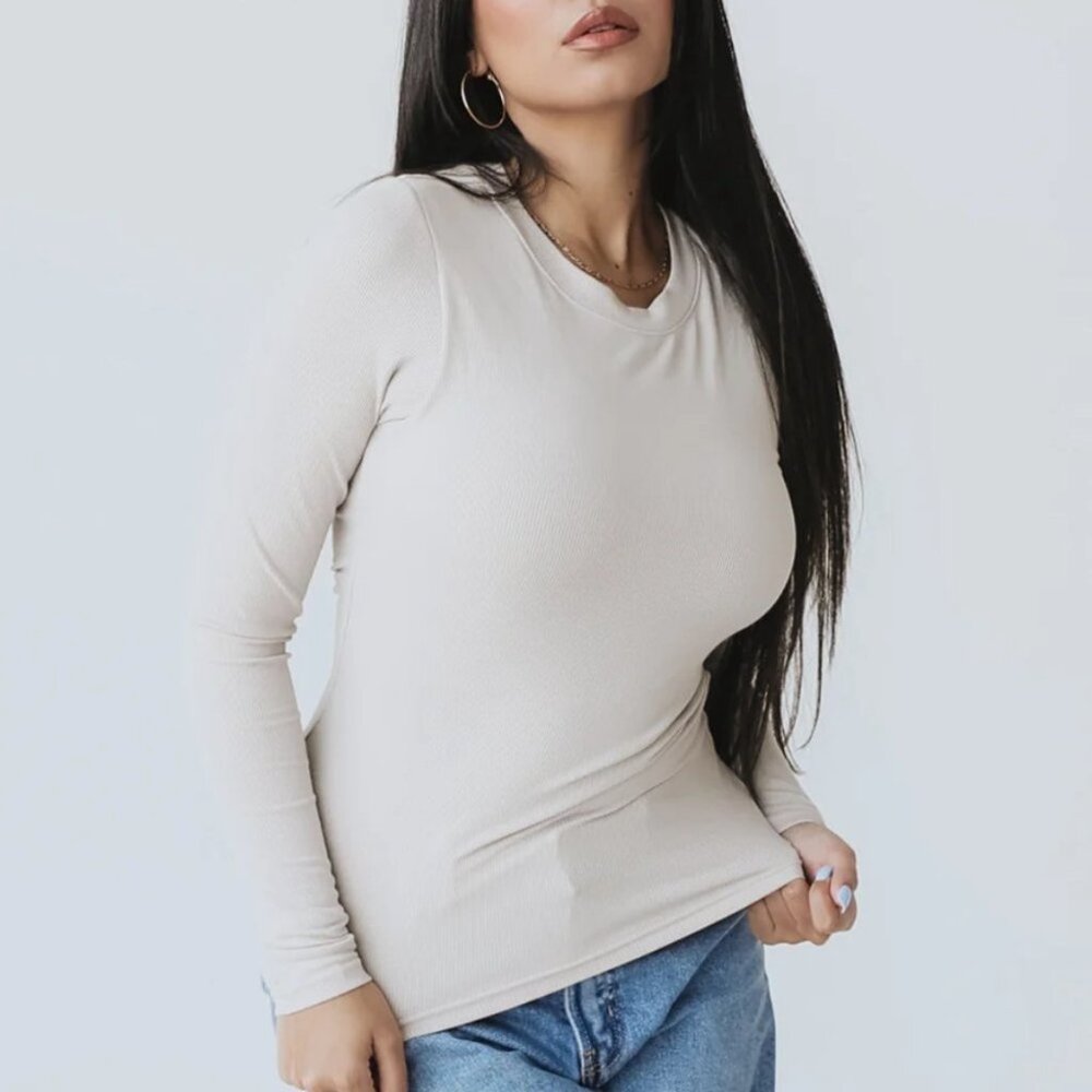 Klassy Network Crew Neck Ribbed Long Sleeve Brami Top - Cream, Size Medium